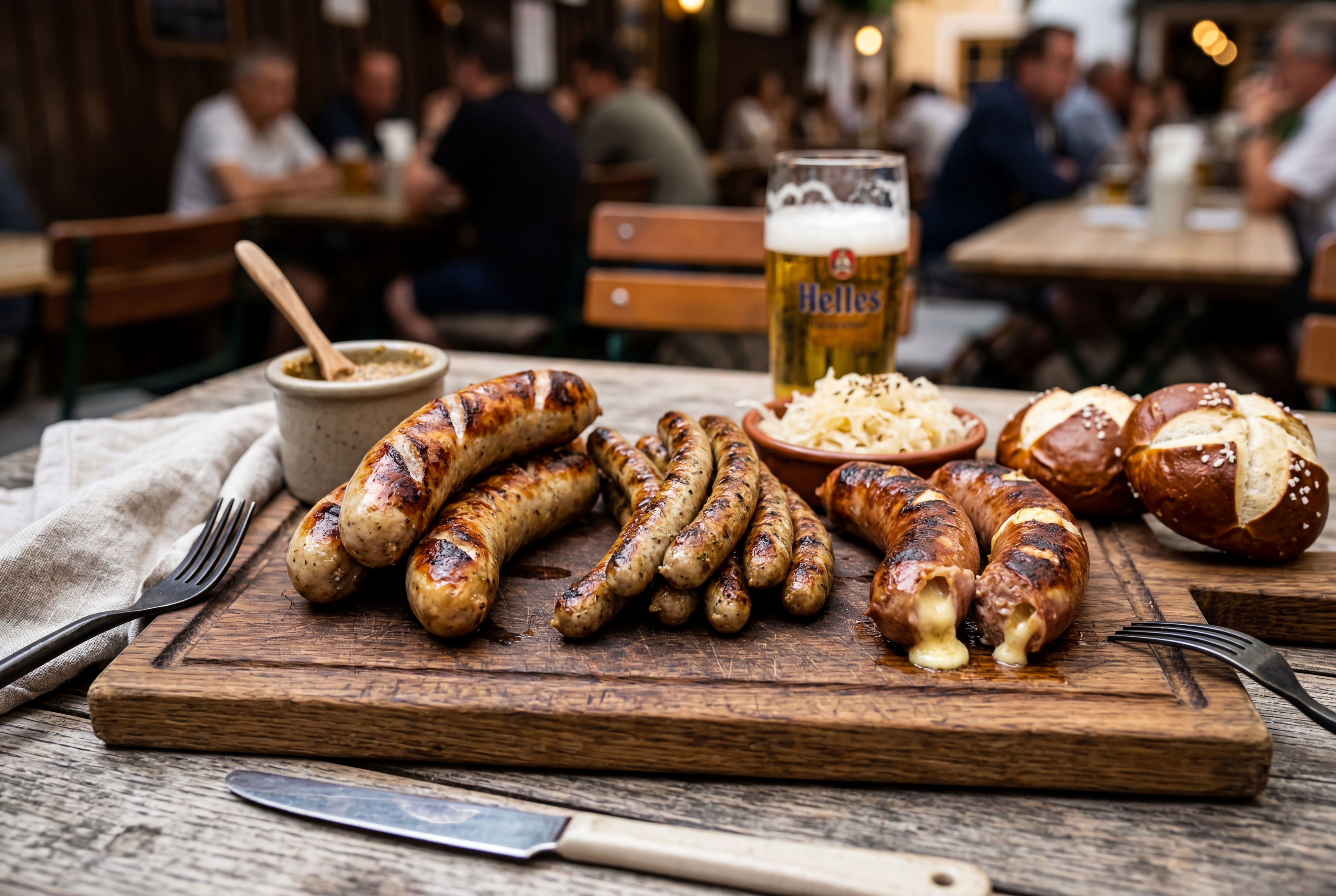 Grilled German sausages on a wooden board with steam rising